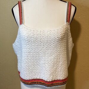 Marine Layer‎ Women's XL White Caro Cropped Crochet Tank Top, multi color trim